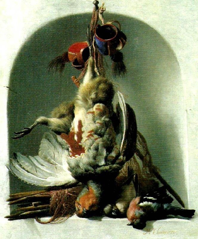 HONDECOETER, Melchior d stilleben med faglar och jaktredskap oil painting image